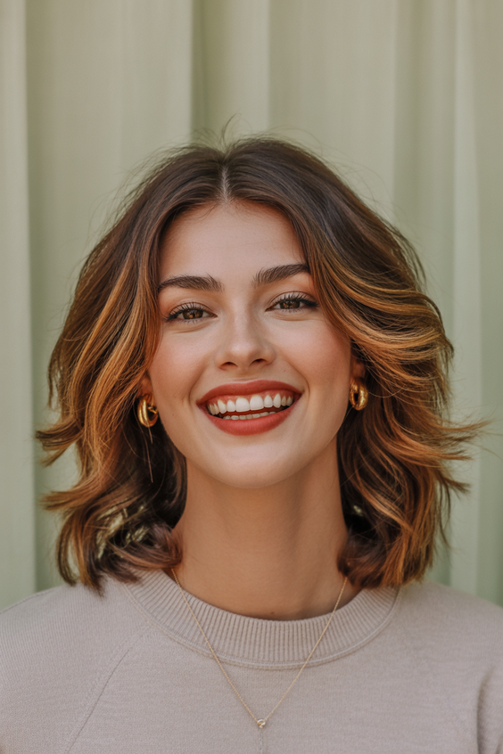 soft hair color for warm skin tone 2026 golden soft chestnut waves with honeyed ribbons