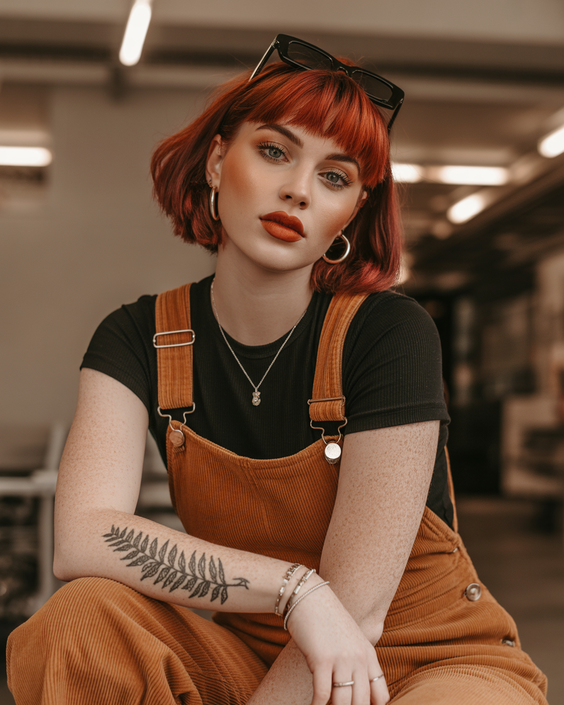 soft hair color for warm skin tone 2026 burnt red bob with bold baby bangs