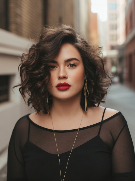 stylish hairstyles for round faces 2026 Voluminous City Curl Bob