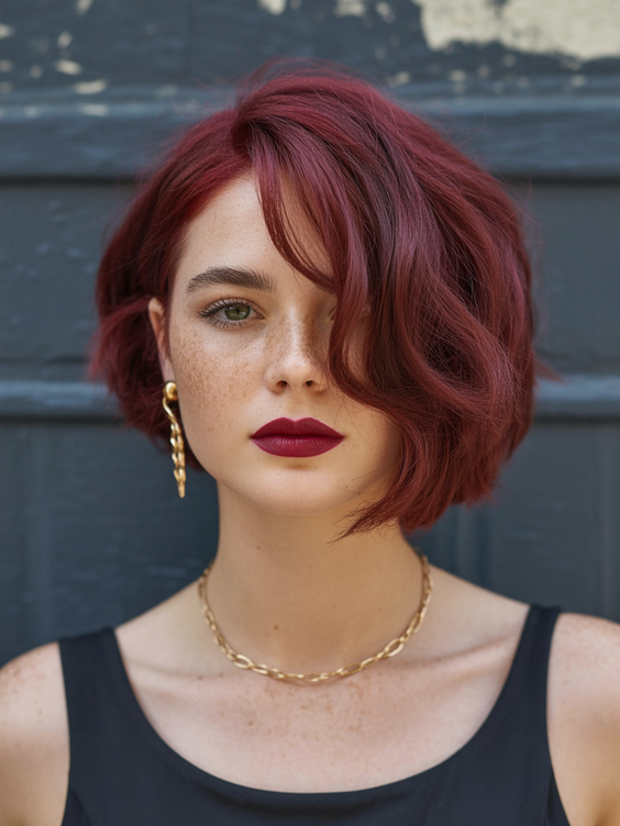 stylish hairstyles for round faces 2026 Berry Red Sculpted Swoop Bob
