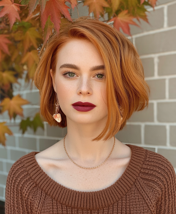 stylish hairstyles for round faces 2026 Autumn Copper Asymmetrical Bob