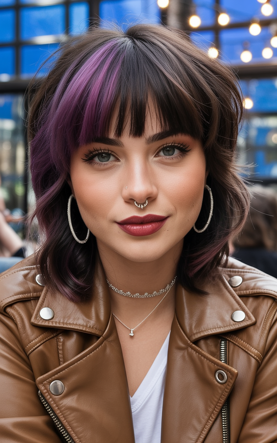 stylish hairstyles for round faces 2026 Playful Fringe With Purple Accent Layers
