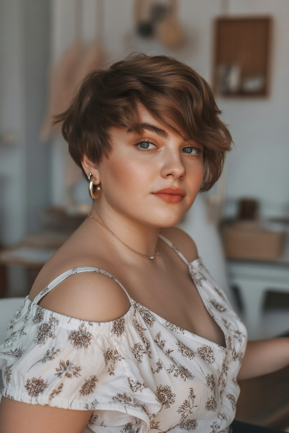 stylish hairstyles for round faces 2026 Soft Windswept Pixie Bob