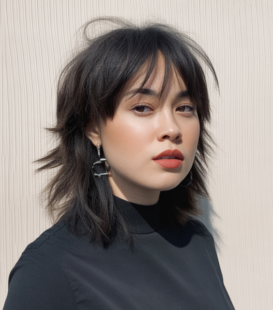 stylish hairstyles for round faces 2026 Modern Shag With Soft Wispy Fringe