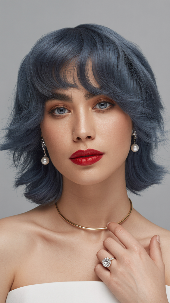 Stylish hairstyles for round faces 2026 Modern Blue Sleek Mid Length Flip