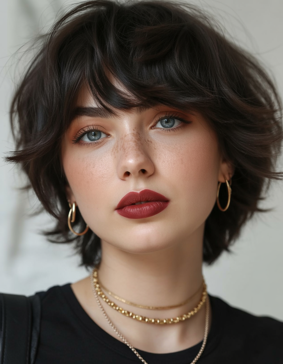 stylish hairstyles for round faces 2026 Airy Layered Midi Bob With Feathered Bangs