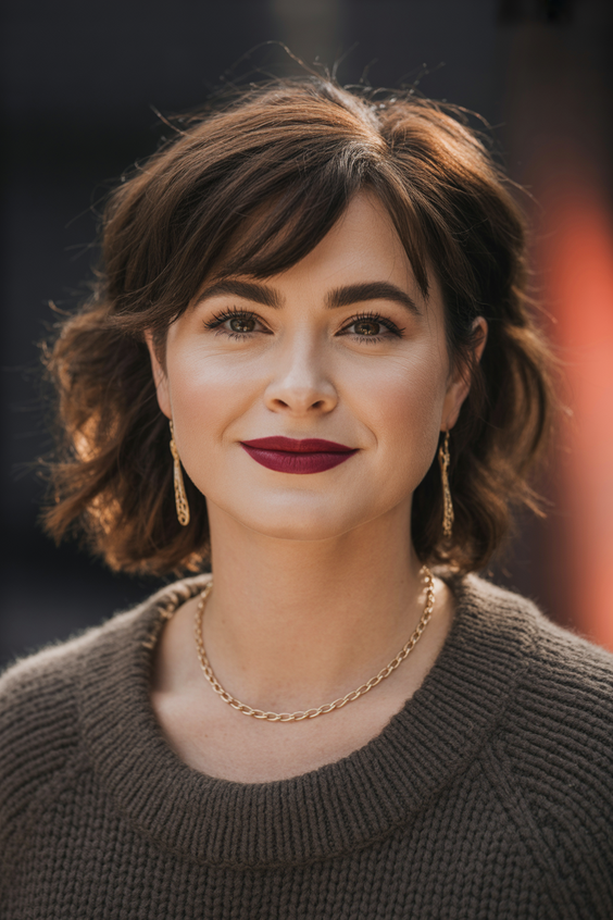 Stylish hairstyles for round faces 2026 Warm Layered Side Sweep