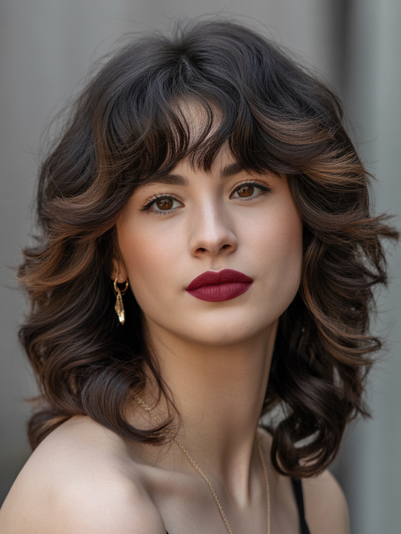 Stylish hairstyles for round faces 2026 Dimensional Curly Layers With Soft Fringe