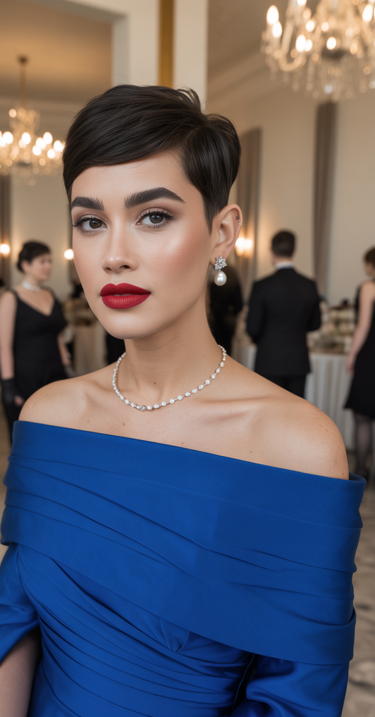 Stylish hairstyles for round faces 2026 Elegant Sleek Evening Pixie