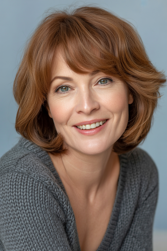 stylish hairstyles for women over 40 2026 warm copper layered bob with soft fringe