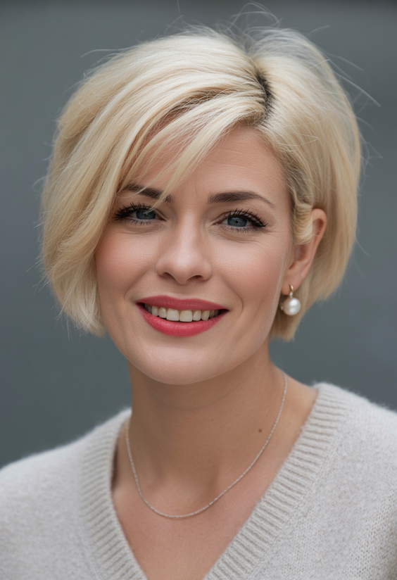 stylish hairstyles for women over 40 2026 classic soft blonde bob with subtle fringe