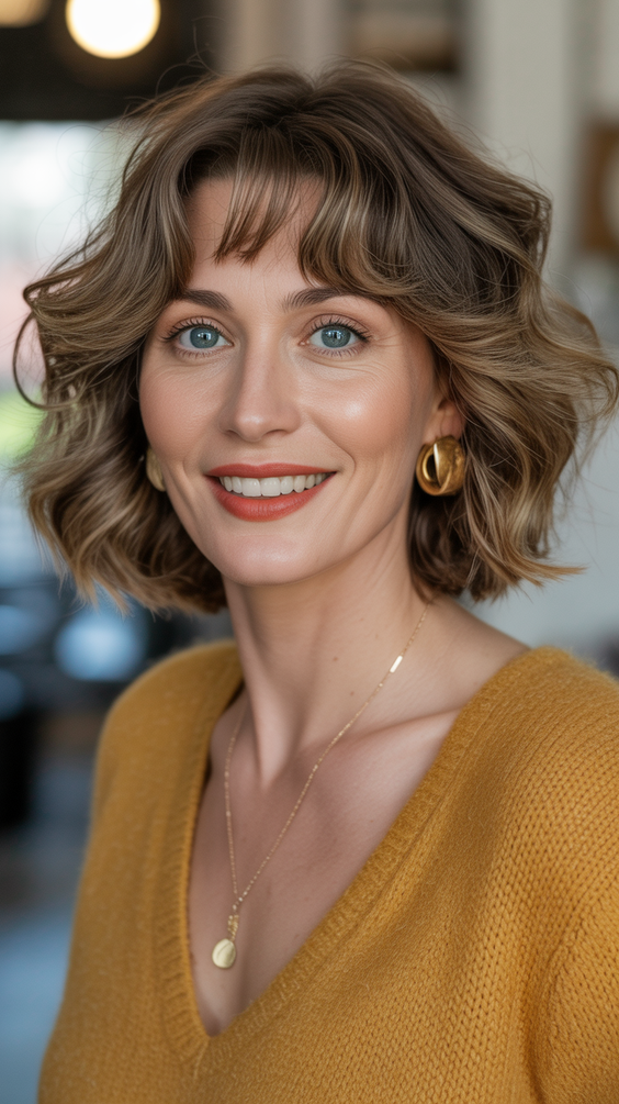 stylish hairstyles for women over 40 2026 textured wavy bob with curtain fringe