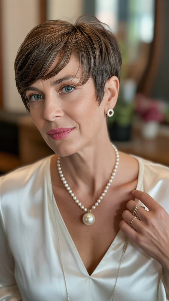 stylish hairstyles for women over 40 2026 rich brunette pixie with side swept bangs