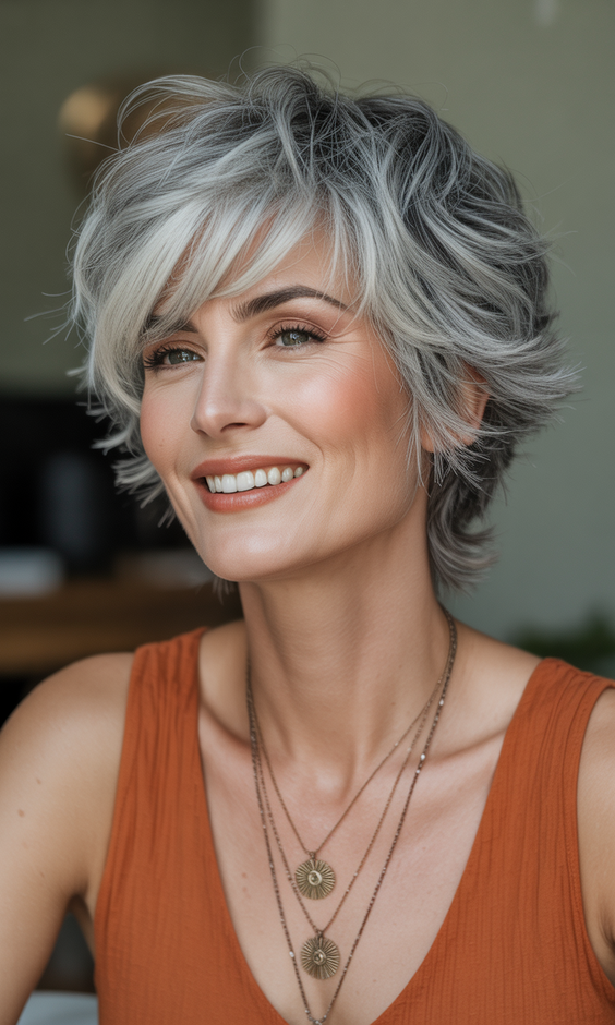 stylish hairstyles for women over 40 2026 modern textured pixie with sweeping fringe