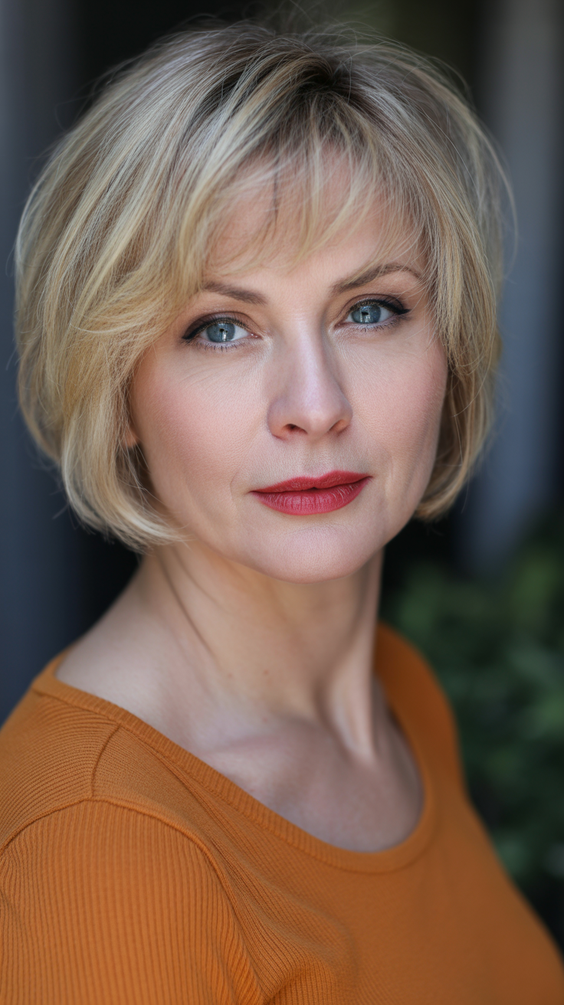 stylish hairstyles for women over 40 2026 soft blonde bob with airy fringe