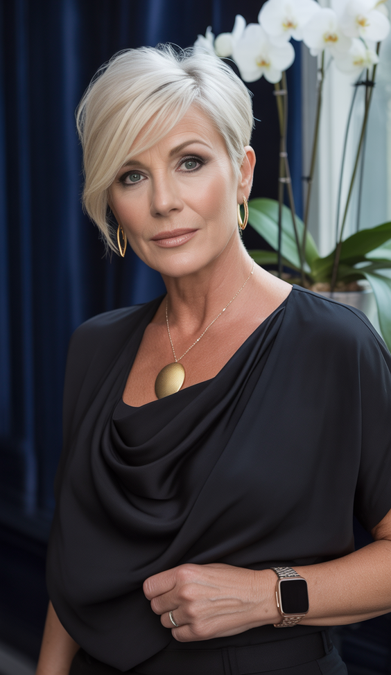 stylish hairstyles for women over 40 2026 sleek asymmetrical platinum crop