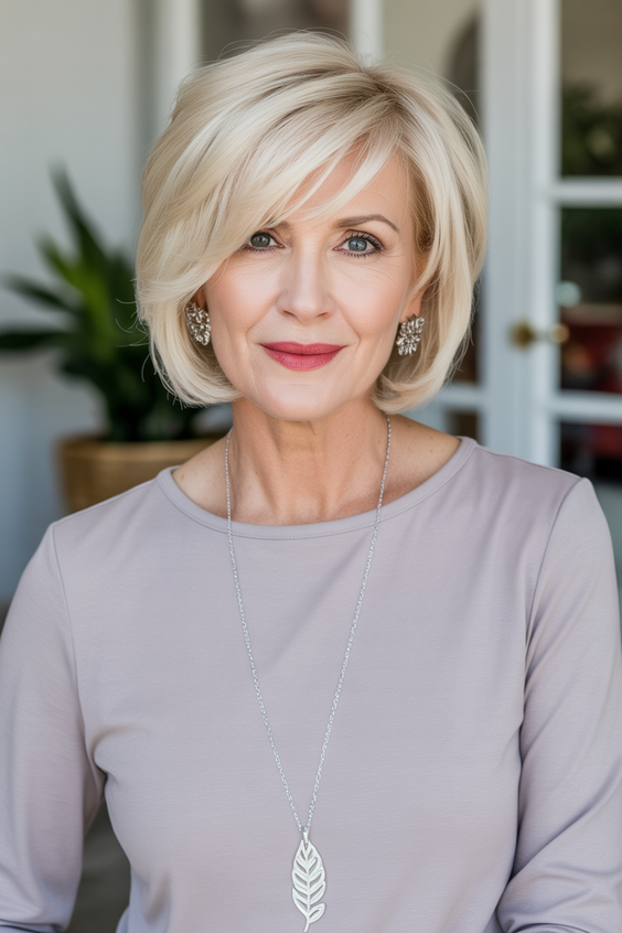 stylish hairstyles for women over 40 2026 voluminous blonde bob with soft side fringe