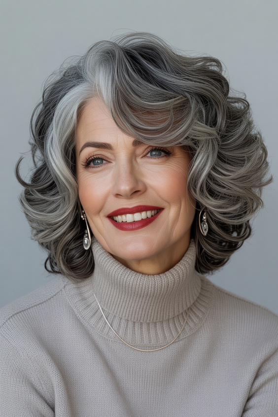 stylish hairstyles for women over 40 2026 full silver curls with dramatic dimension