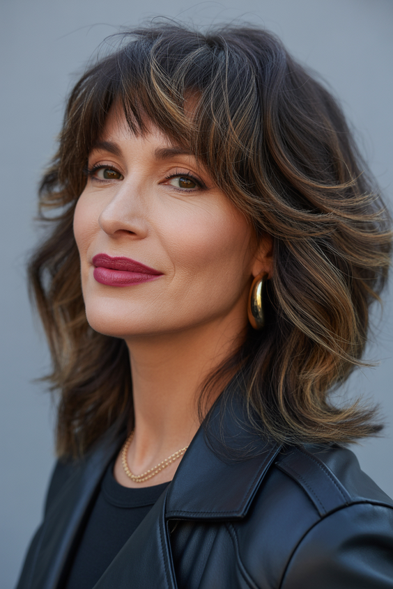 stylish hairstyles for women over 40 2026 modern brunette shag with soft fringe