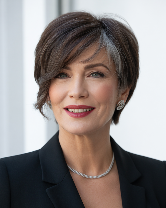 stylish hairstyles for women over 50 2026 elegant short deep brown bob with silver accent