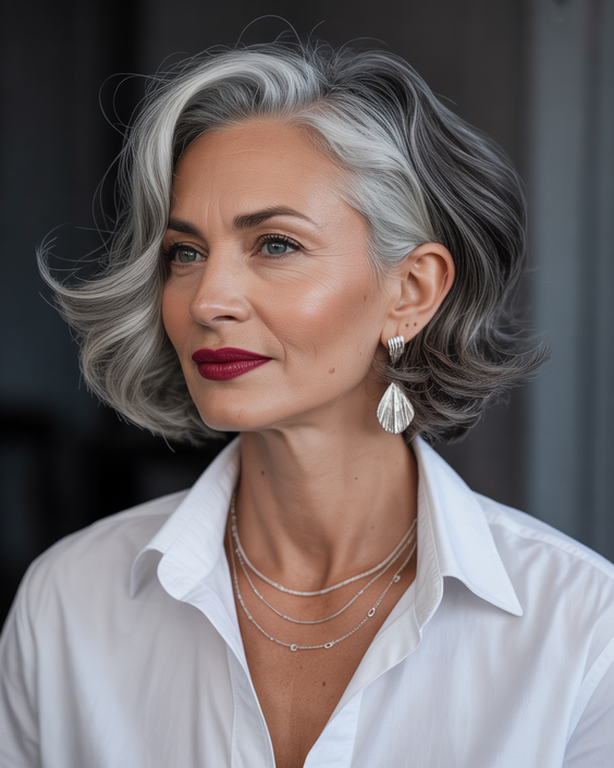 stylish hairstyles for women over 50 2026 silver contour wave bob with bold dimension