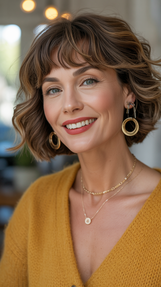 stylish hairstyles for women over 50 2026 golden wavy bob with soft curtain fringe