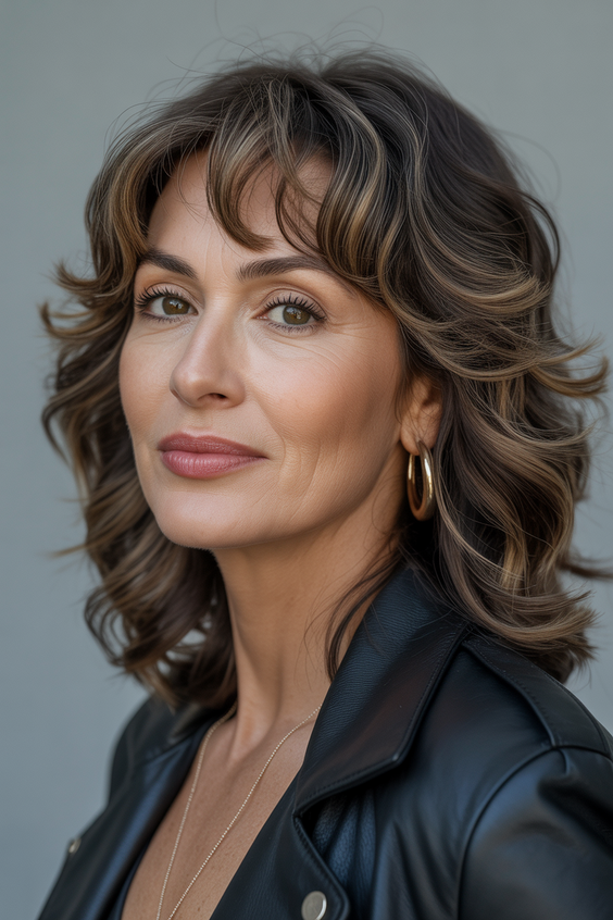 stylish hairstyles for women over 50 2026 textured chestnut mid length shag with light bangs