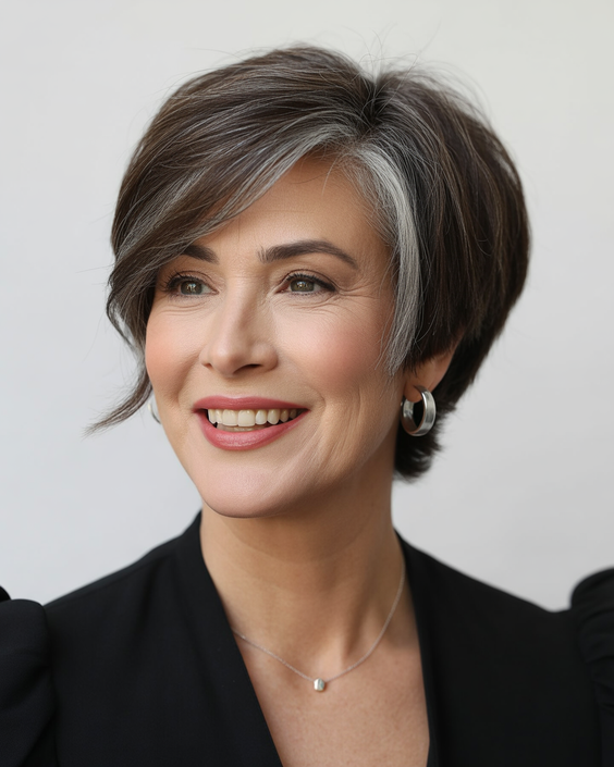 stylish hairstyles for women over 50 2026 deep brown asymmetric pixie with silver detailing