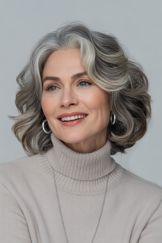 stylish hairstyles for women over 50 2026 silver voluminous mid length bob with soft waves