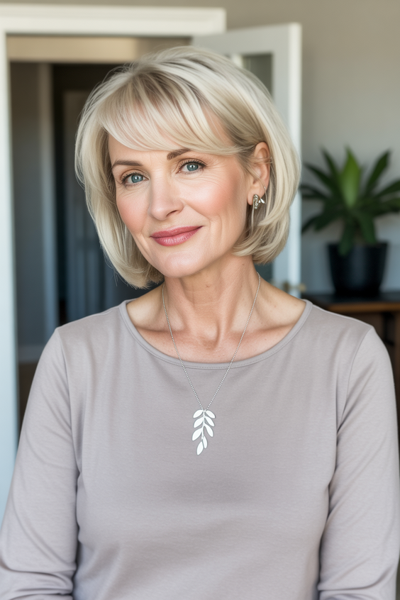 stylish hairstyles for women over 50 2026 creamy blonde rounded bob with soft side bangs