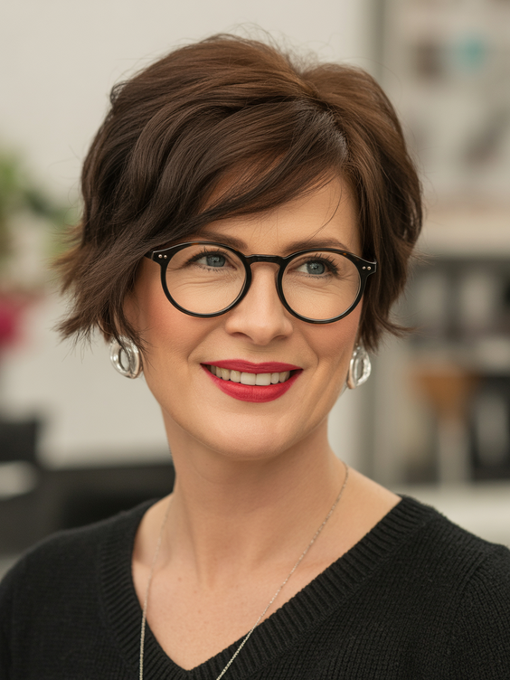 stylish hairstyles for women over 50 2026 soft brunette shaggy pixie with glasses friendly fringe