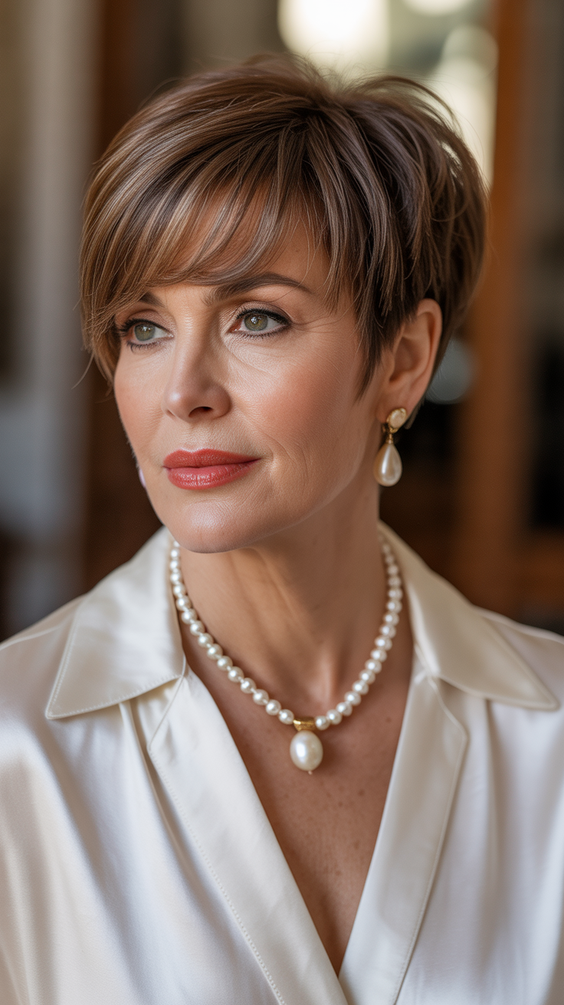 stylish hairstyles for women over 50 2026 chic brunette pixie with swept bangs