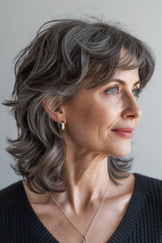 stylish hairstyles for women over 50 2026 layered silver feathered shag with soft lift