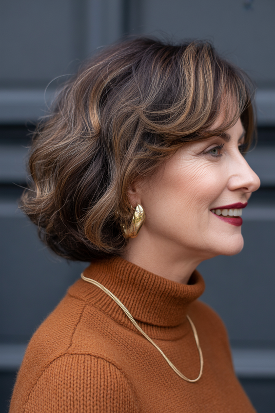 stylish hairstyles for women over 50 2026 soft wavy brunette bob with highlights