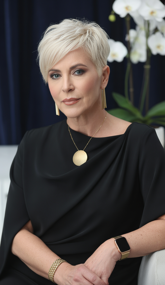 stylish hairstyles for women over 50 2026 platinum textured pixie elegance