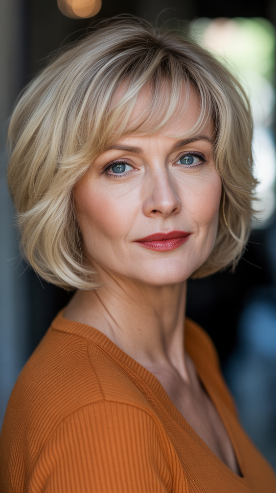 stylish hairstyles for women over 50 2026 soft blonde curved bob with feathered bangs