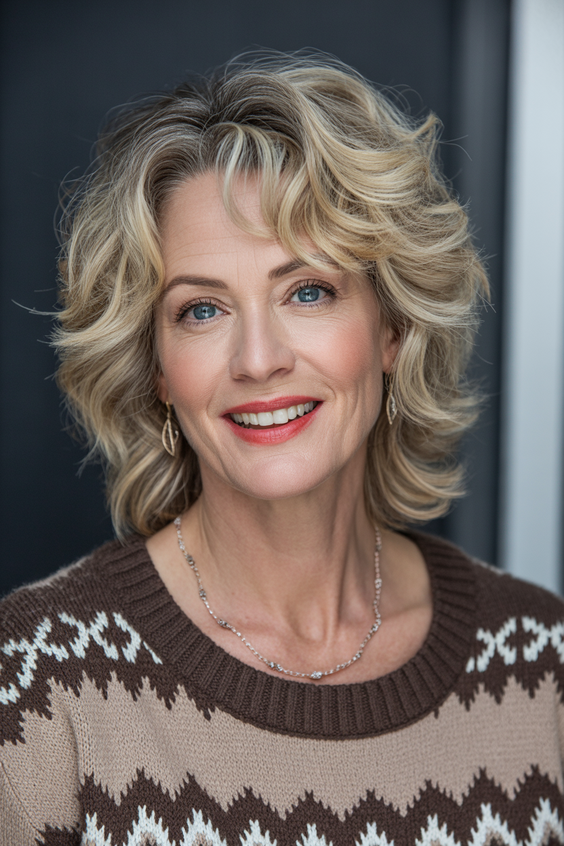 stylish hairstyles for women over 50 2026 soft curly shoulder length shag with highlights