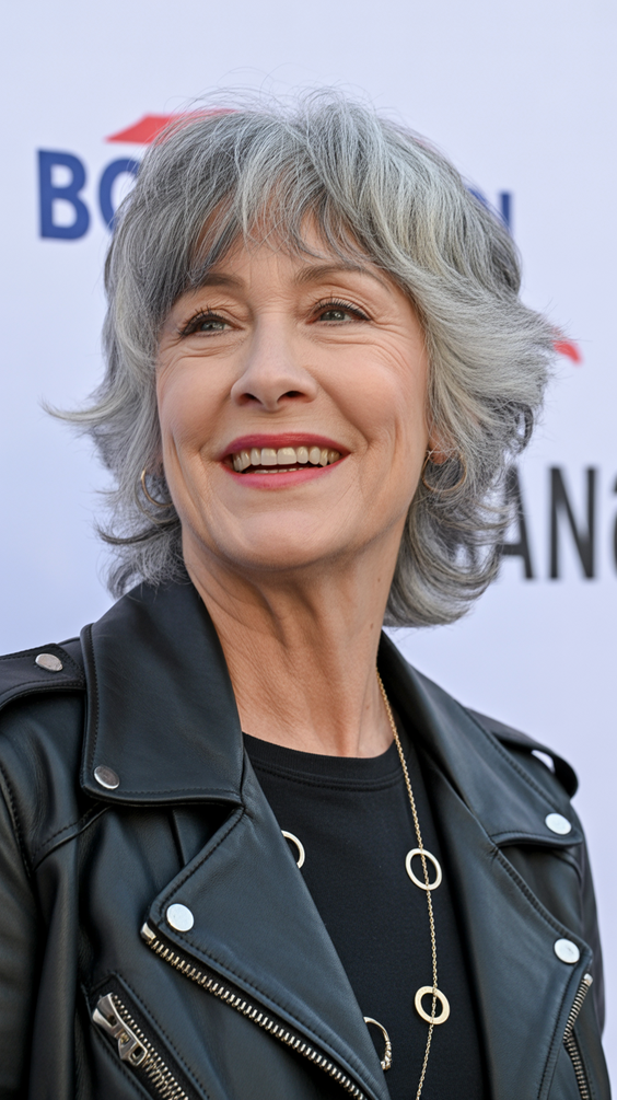 Stylish hairstyles for women over 60 2026 Edgy Silver Shag With Soft Fringe and Urban Flair