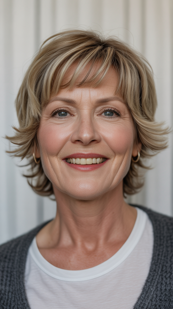Stylish hairstyles for women over 60 2026 Soft Honey Blonde Crop With Feathered Bangs