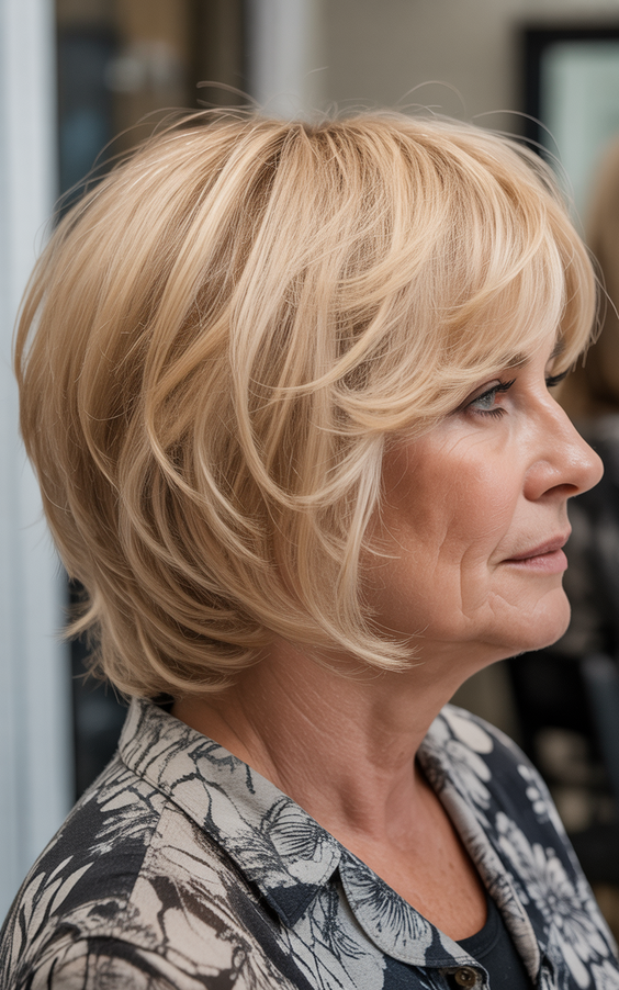 Stylish hairstyles for women over 60 2026 Layered Blonde Bob With Soft Wrapped Ends