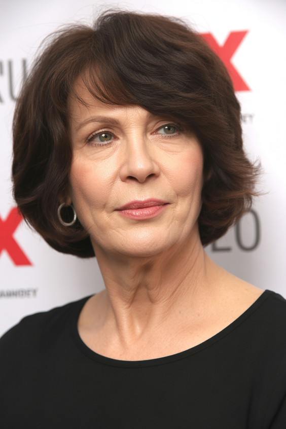 Stylish hairstyles for women over 60 2026 Classic Brunette Bob With Side Swept Bangs