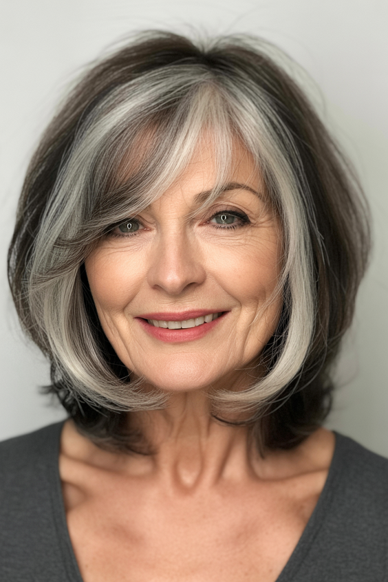 Stylish hairstyles for women over 60 2026 Silver Dimensional Lob With Soft Face Framing
