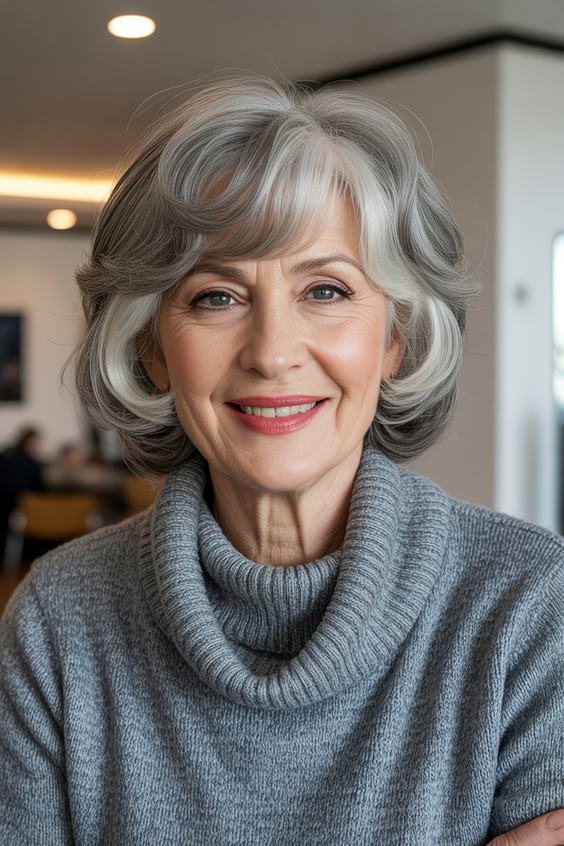Stylish hairstyles for women over 60 2026 Rounded Silver Bob With Elegant Volume