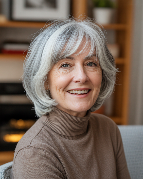 Stylish hairstyles for women over 60 2026 Soft Layered Bob With Curtain Inspired Fringe