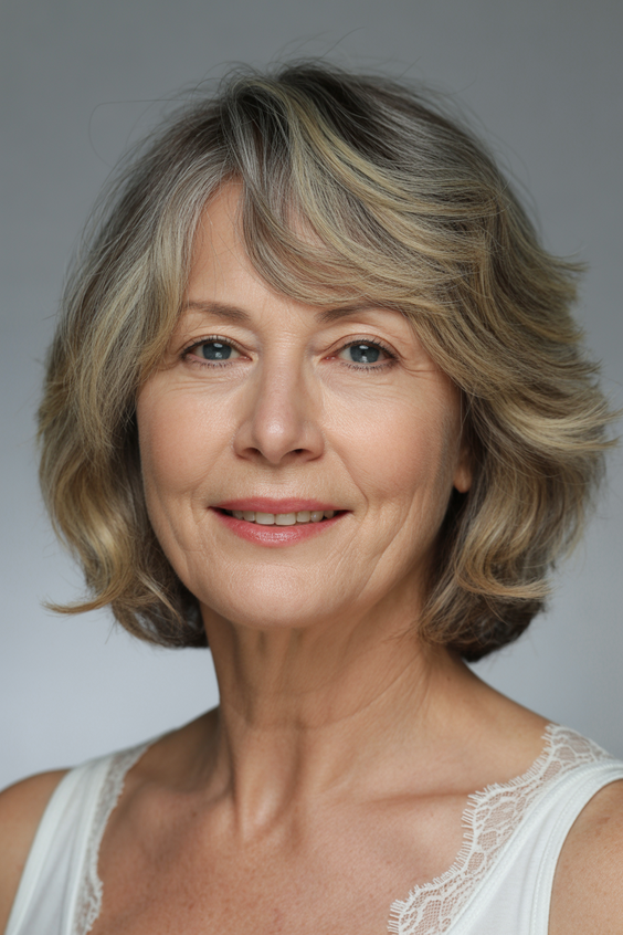 Stylish hairstyles for women over 60 2026 Natural Medium Bob With Gentle Golden Highlights