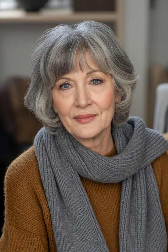 Stylish hairstyles for women over 60 2026 Soft Layered Shag Bob With Light Fringe