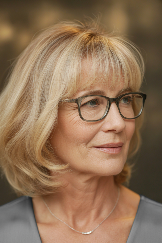 Stylish hairstyles for women over 60 2026 Soft Blonde Bob With Feathered Bangs and Glasses