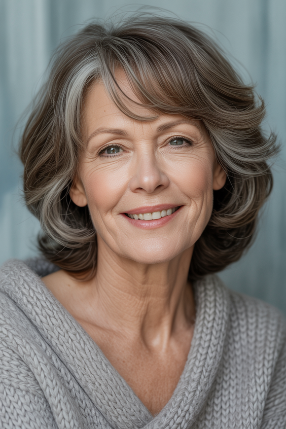 Stylish hairstyles for women over 60 2026 Layered Silver Bob With Side Swept Bangs