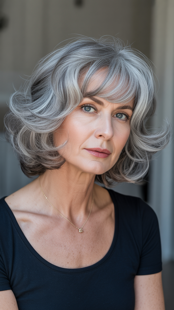 Stylish hairstyles for women over 60 2026 Silver Volumized Bob With Curved Layers