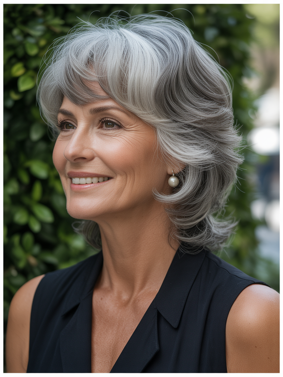 Stylish hairstyles for women over 60 2026 Soft Silver Shag With Gentle Curved Bangs